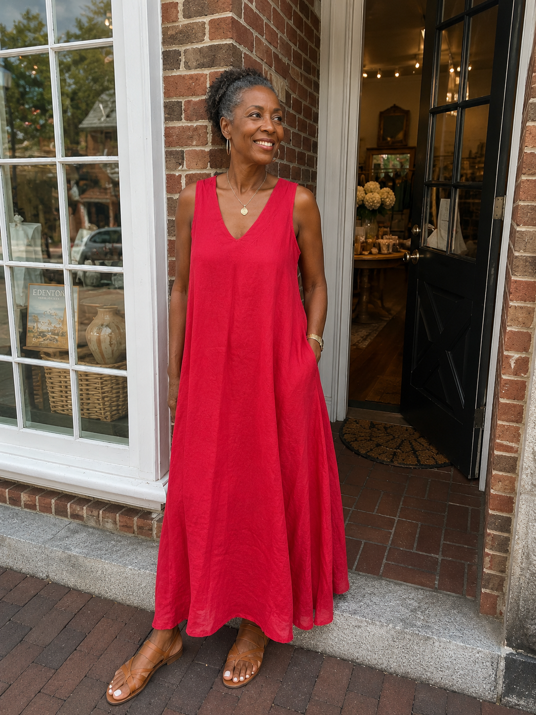 Linen V-Neck Maxi Tank Dress with Pockets, Raspberry