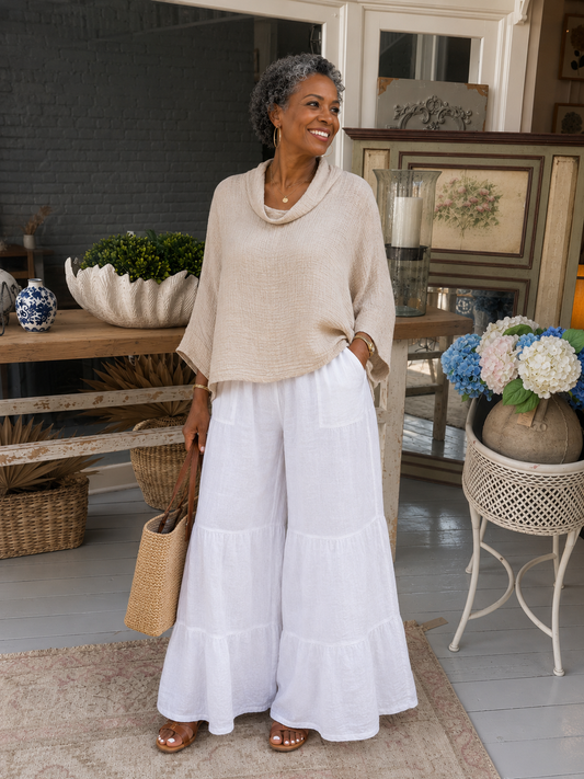 Linen Tiered Palazzo Pant, White