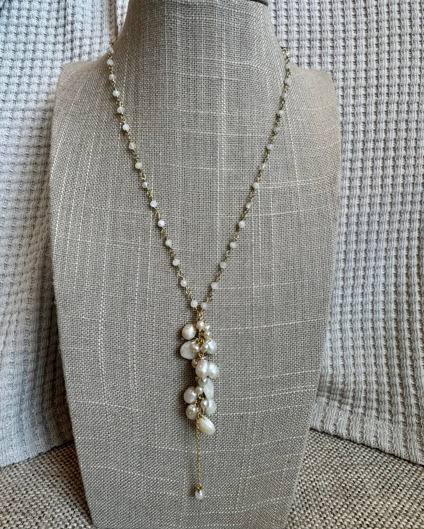 Moonstone & Silver Pearl Cluster On Tiny Moonstone Rosary Chain
