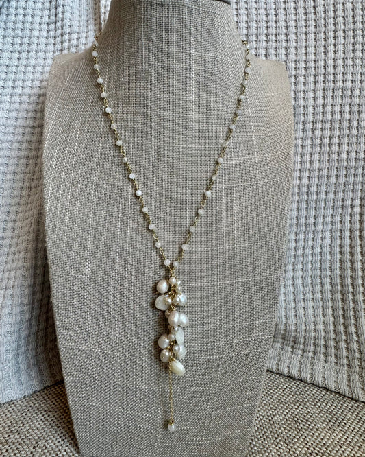 Moonstone & Silver Pearl Cluster On Tiny Moonstone Rosary Chain