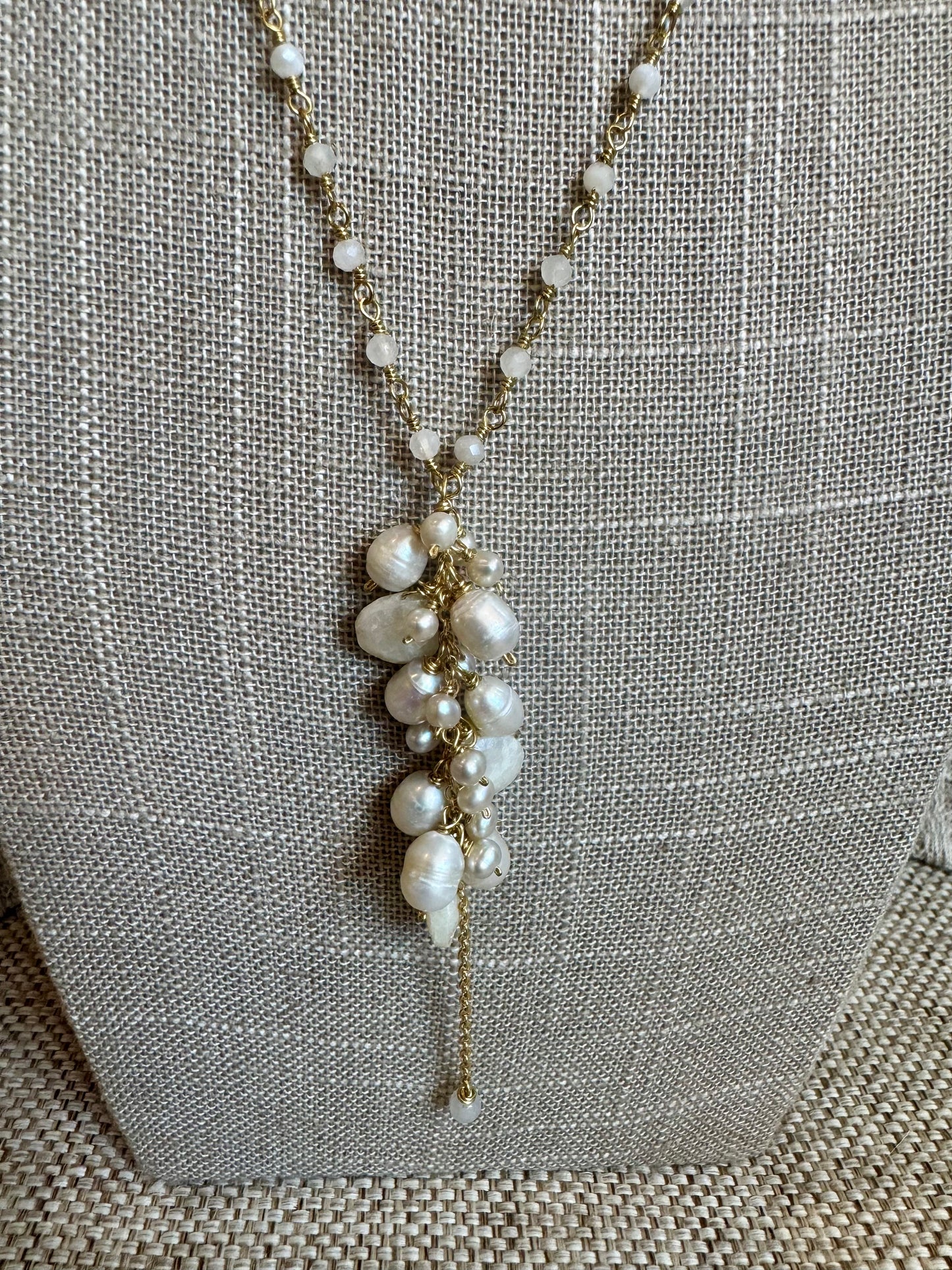 Moonstone & Silver Pearl Cluster On Tiny Moonstone Rosary Chain