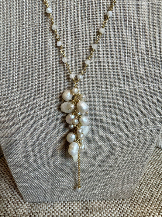 Moonstone & Silver Pearl Cluster On Tiny Moonstone Rosary Chain