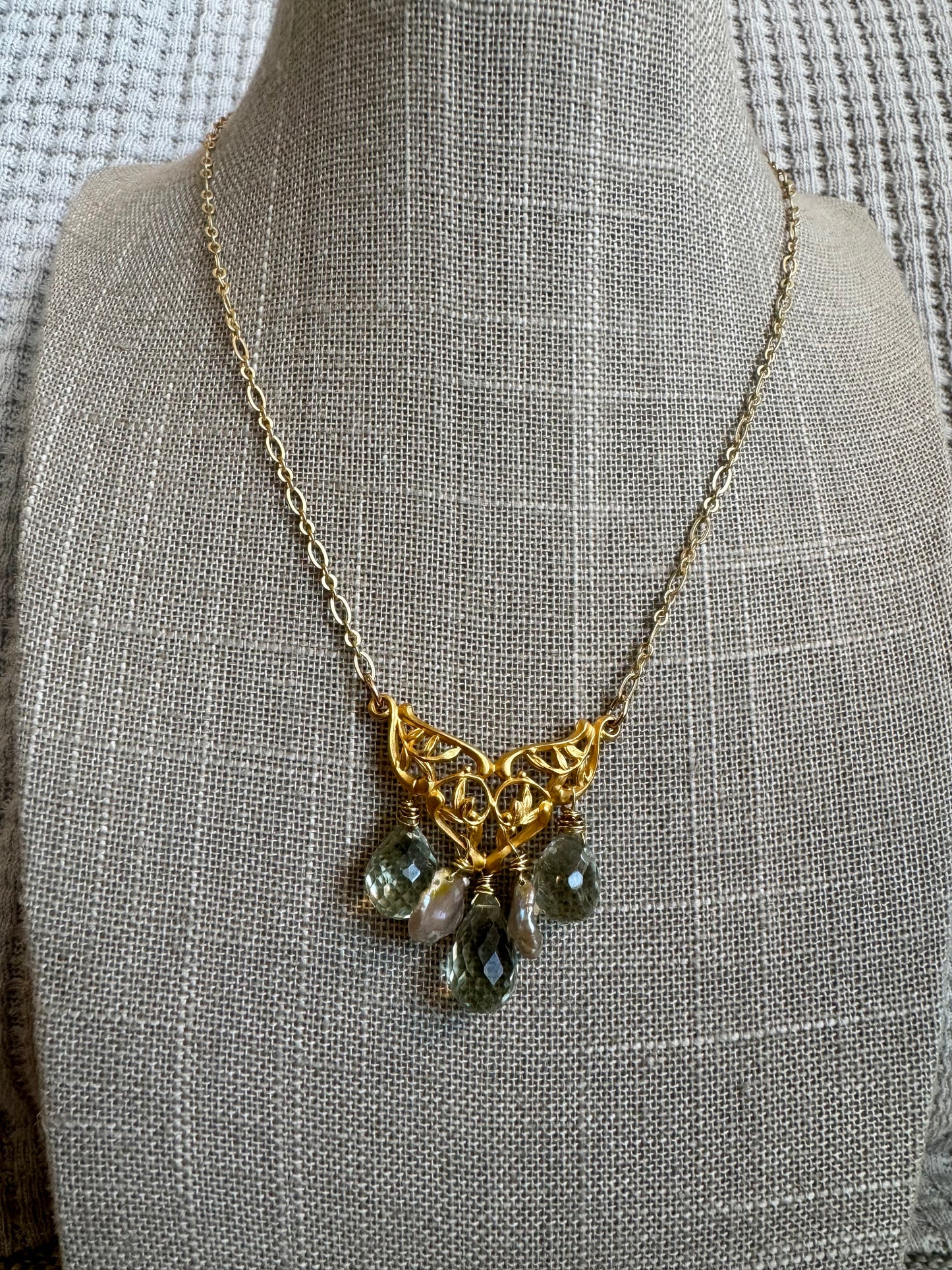 One of a Kind, Vintage, Gold-Vermeil, Filigree Fixture, w/ Green Keshi Pearls