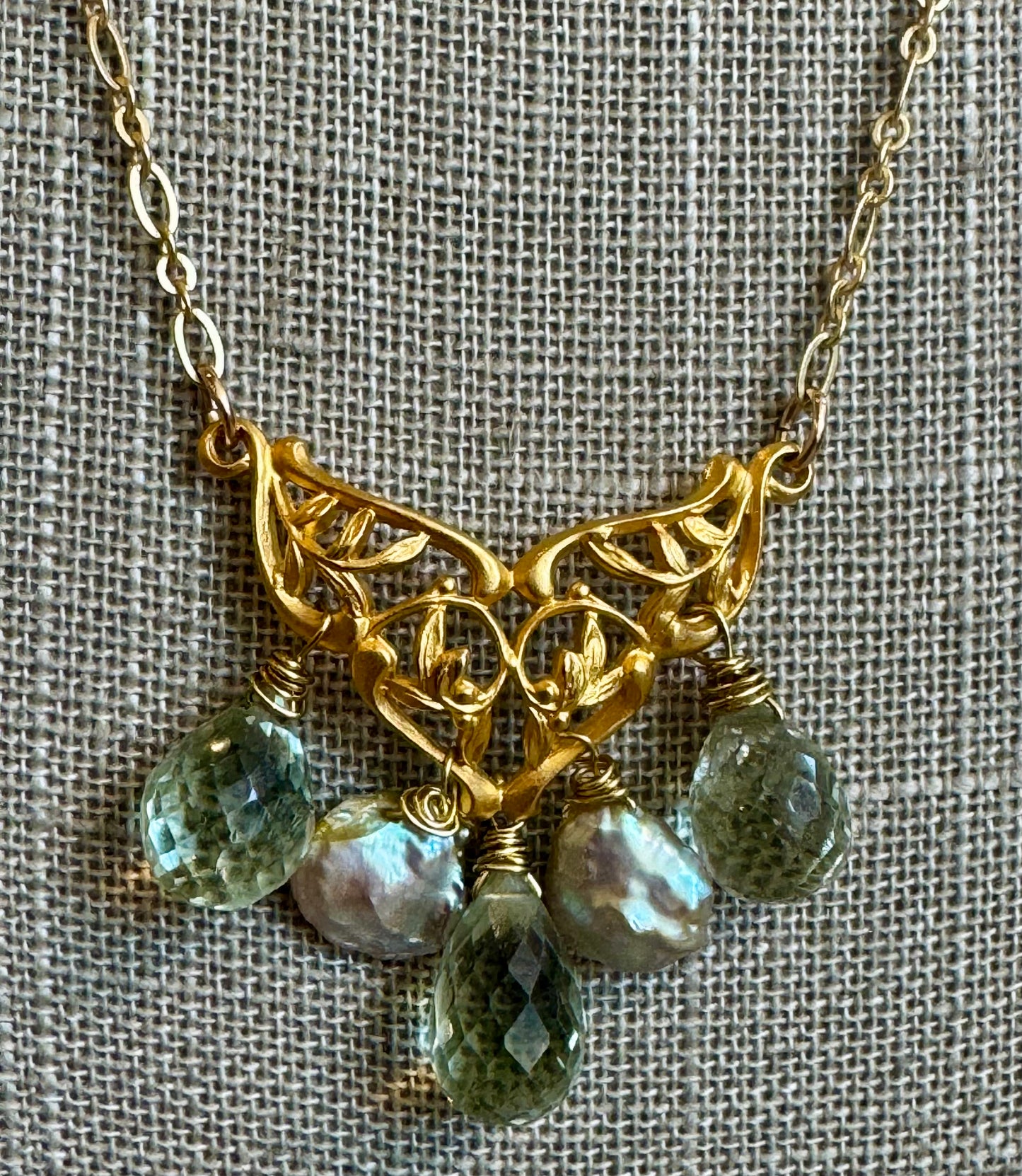 One of a Kind, Vintage, Gold-Vermeil, Filigree Fixture, w/ Green Keshi Pearls