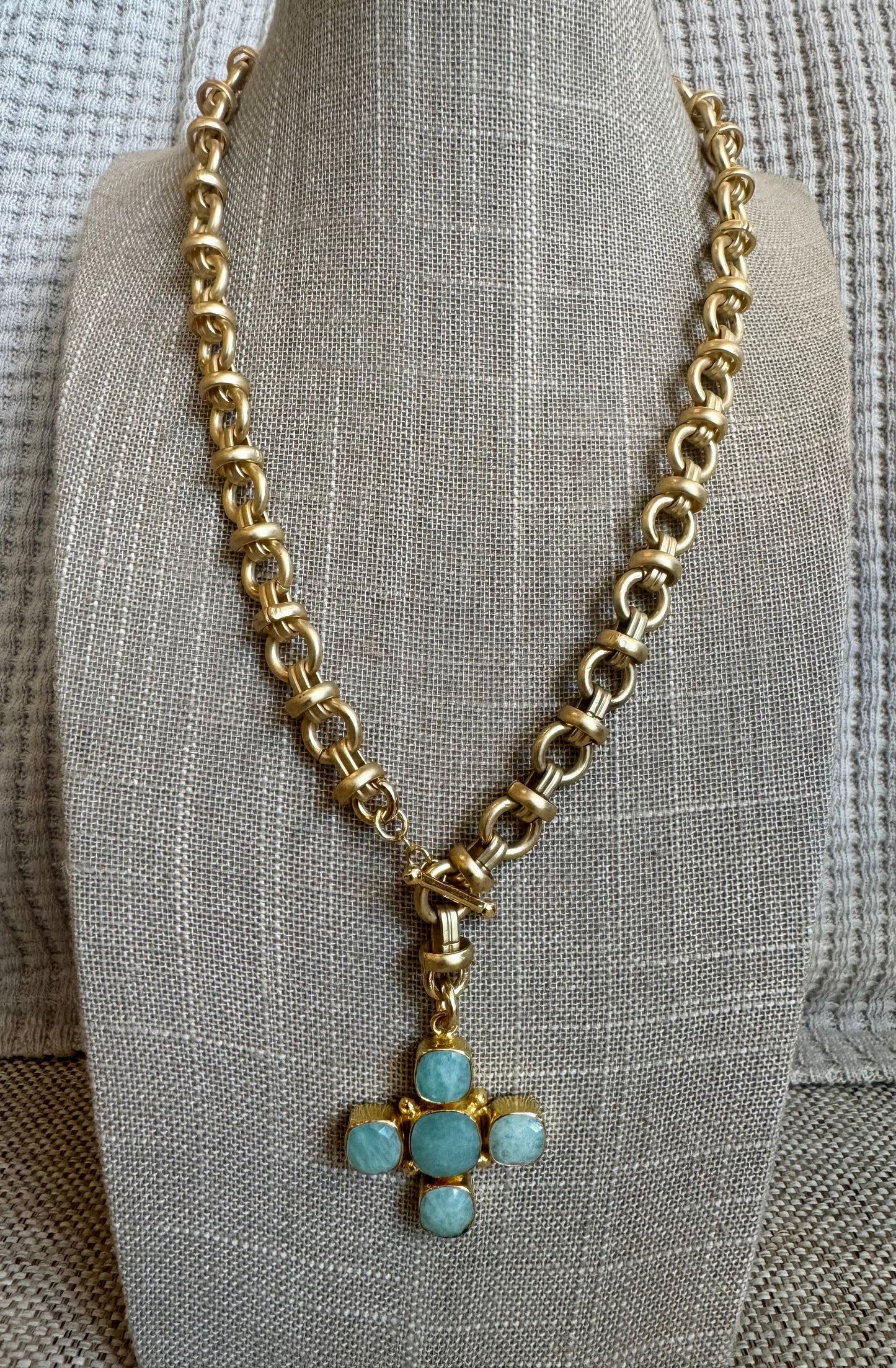 Petite Bow Link Cross Amazonite Necklace