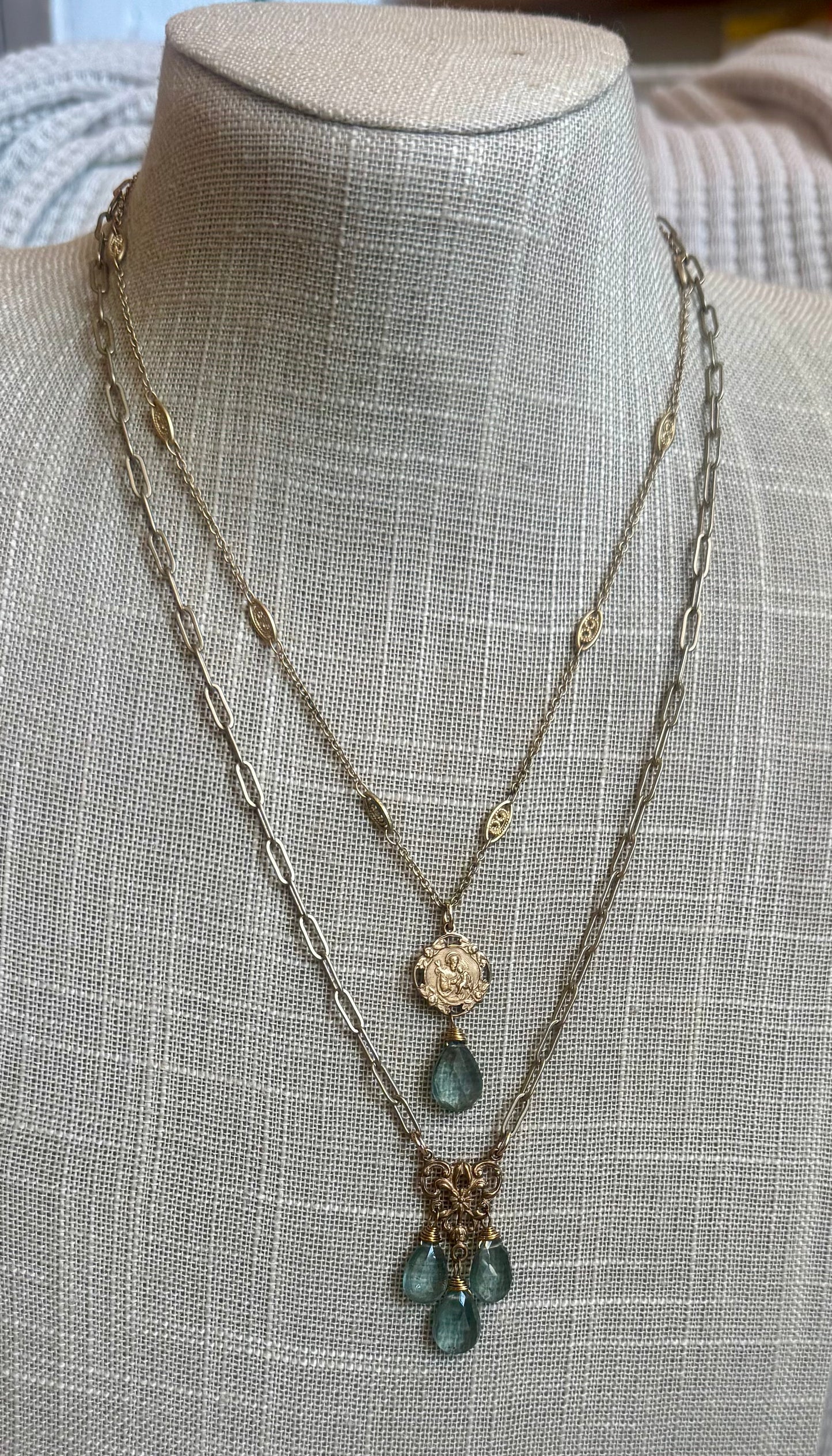 2-Tiered Necklace,  St. Christopher & Watch FOB Fixtures with Dangling Moss Aquamarine Briolettes