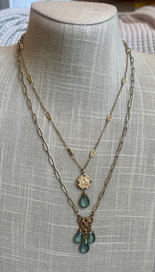 2-Tiered Necklace,  St. Christopher & Watch FOB Fixtures with Dangling Moss Aquamarine Briolettes