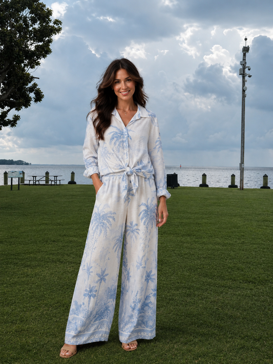 Tropical Palm Tree Linen Pants, Cream and Blue