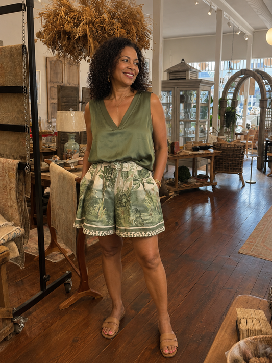 Tropical Palm Tree Shorts with Pockets and Tie Belt, Cream & Green