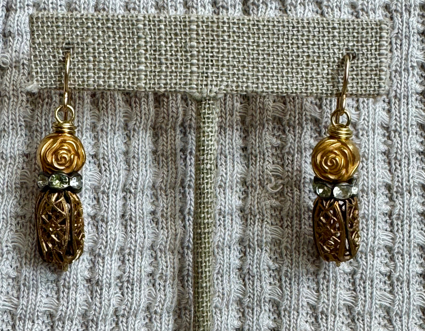 Vintage Rose Bead with Rhinestone Rondelle and "Birdcage" Bead