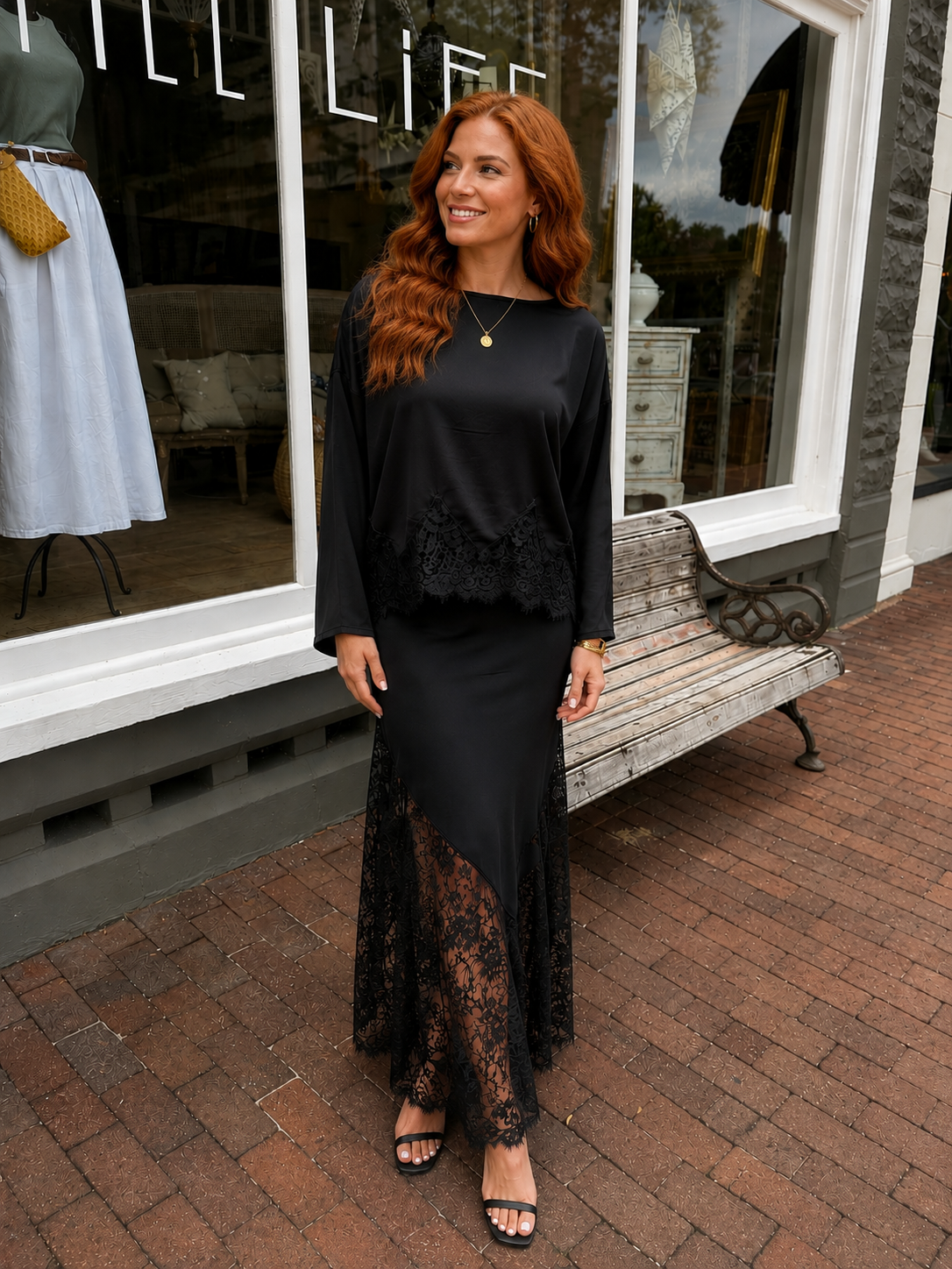 Viscose Maxi Skirt with Lace Hem, Black