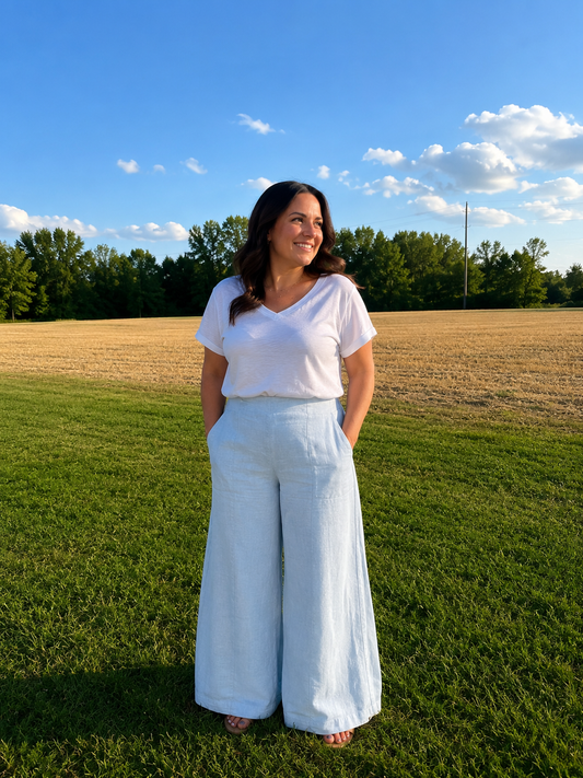 Wide Leg Linen Center Front Seam Pants with Pocket, Sky Blue