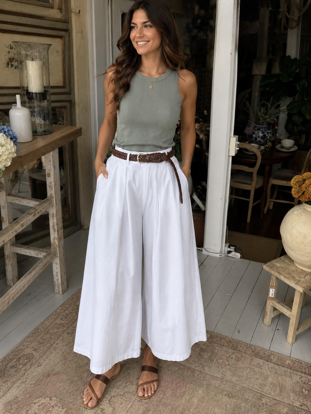 Wide Leg Palazzo Pant with Twist Belt, White