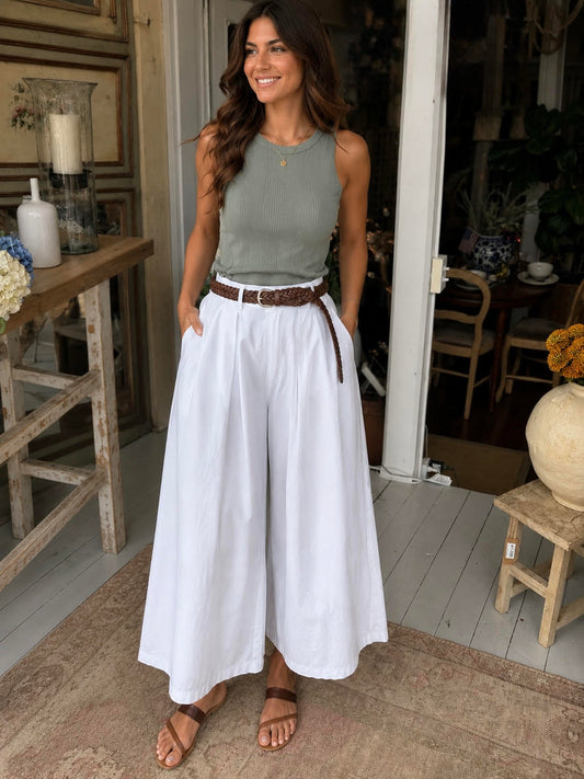 Wide Leg Palazzo Pant with Twist Belt, White