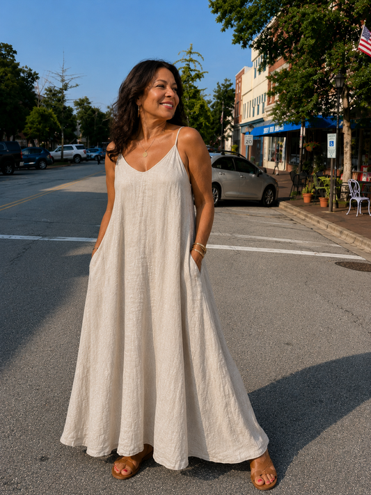 Spaghetti Adjustable Strap Maxi Dress with Pockets. Beige