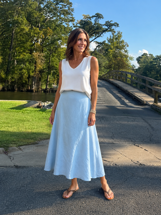 Crinkle Linen Midi Skirt, Blue