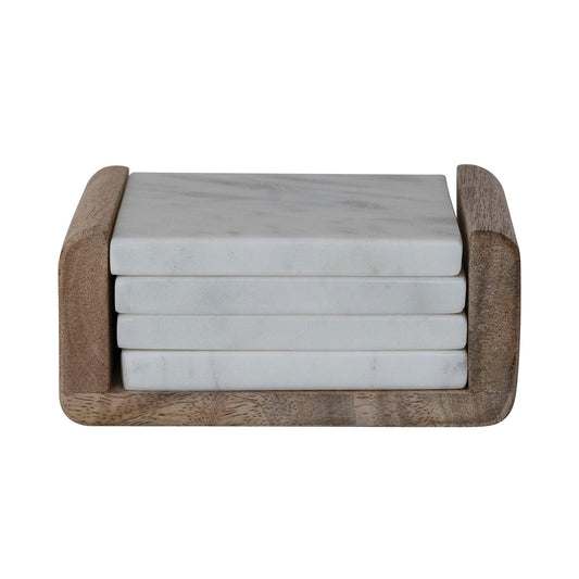 Marble Coasters with Mango Wood Holder, Set of 5