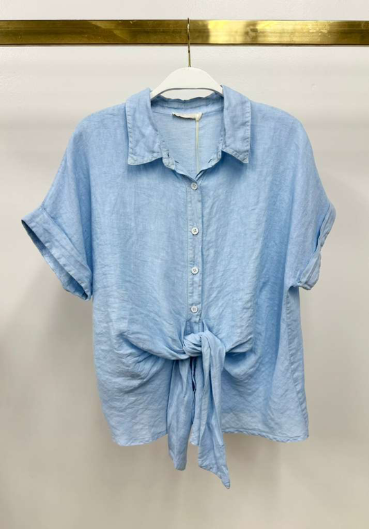 Linen Short Sleeve Tie Shirt, Sky