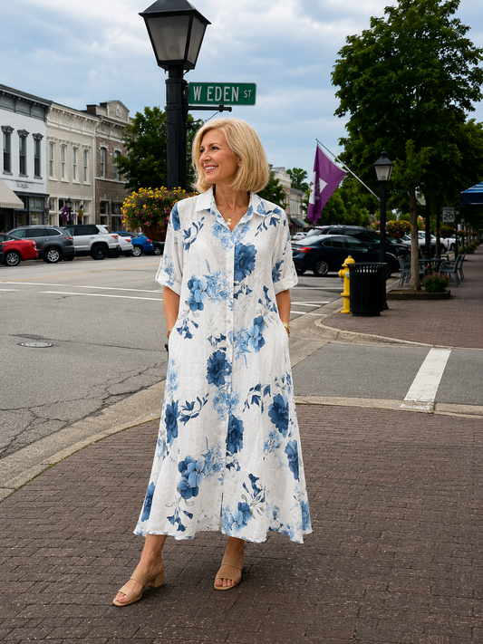 Gardenia Print Button Down Tunic Dress, White & Blue