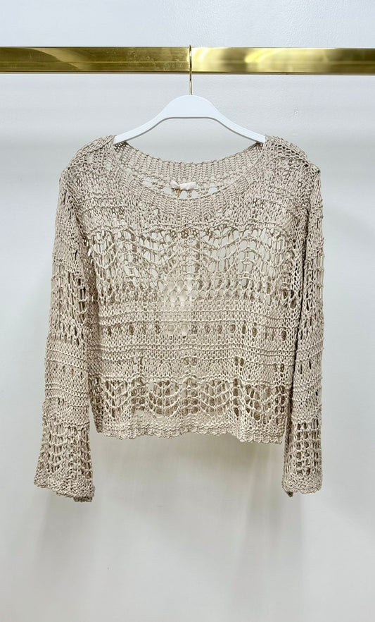 Crochet Long Sleeve Top, Taupe