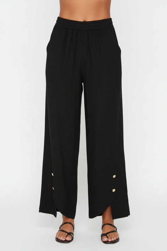 2-Button Hem Wide Leg Linen Pants, Black