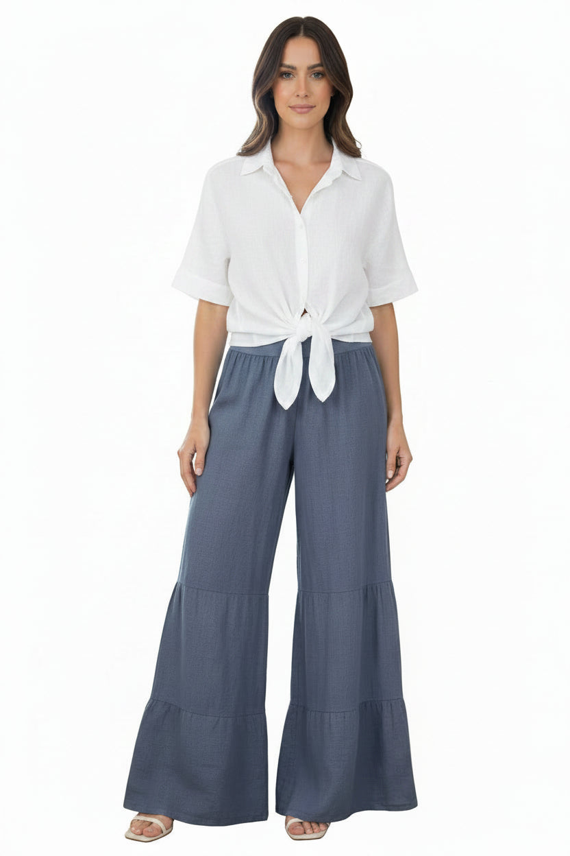Linen Tiered Palazzo Pant, Slate Blue