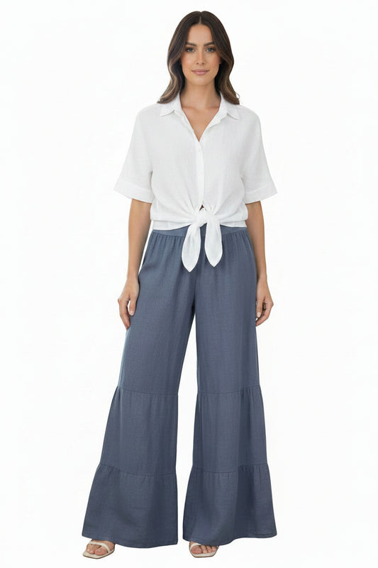 Linen Tiered Palazzo Pant, Slate Blue