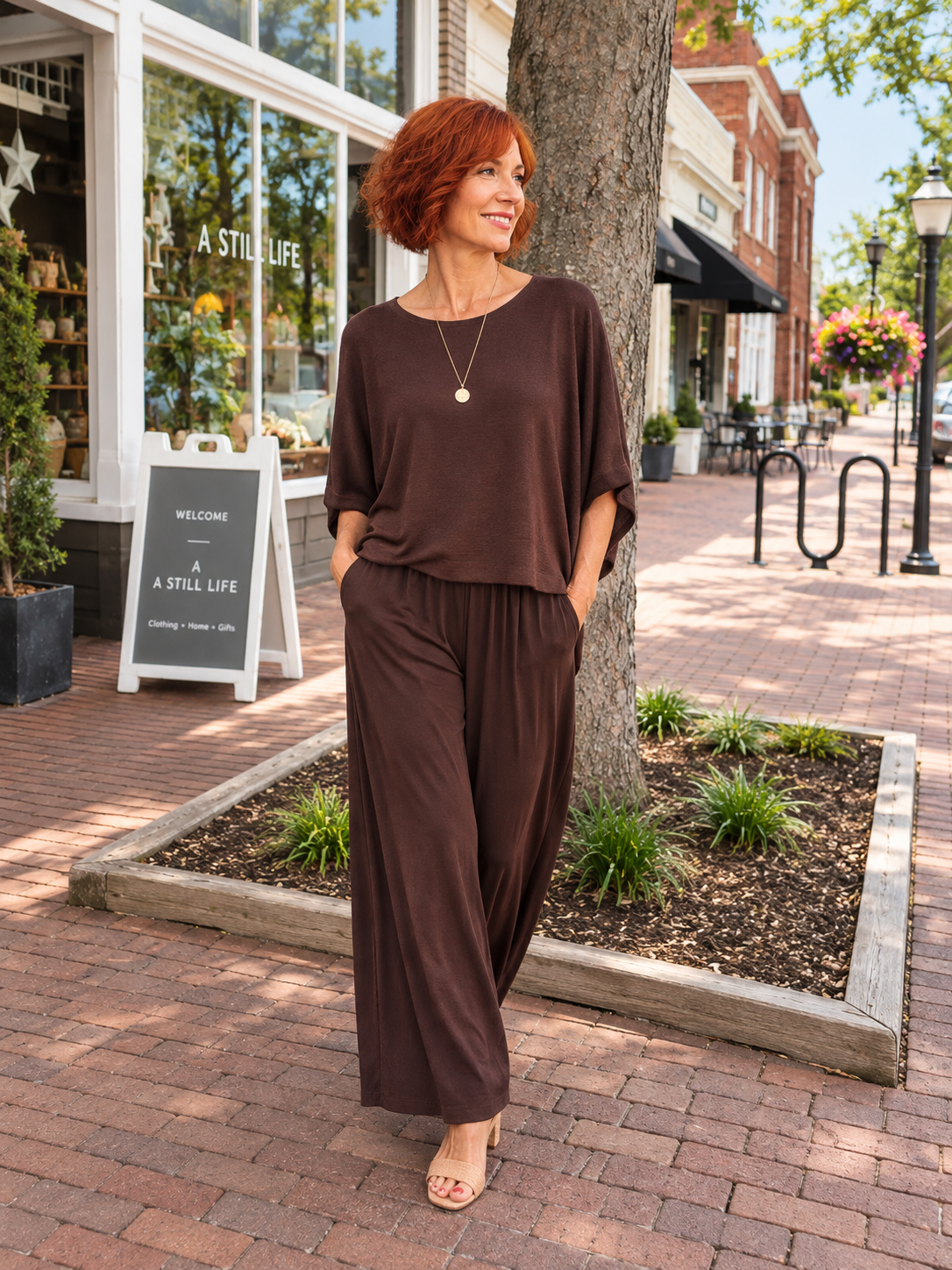 Crew Neck Batwing Knit Top, Chocolate