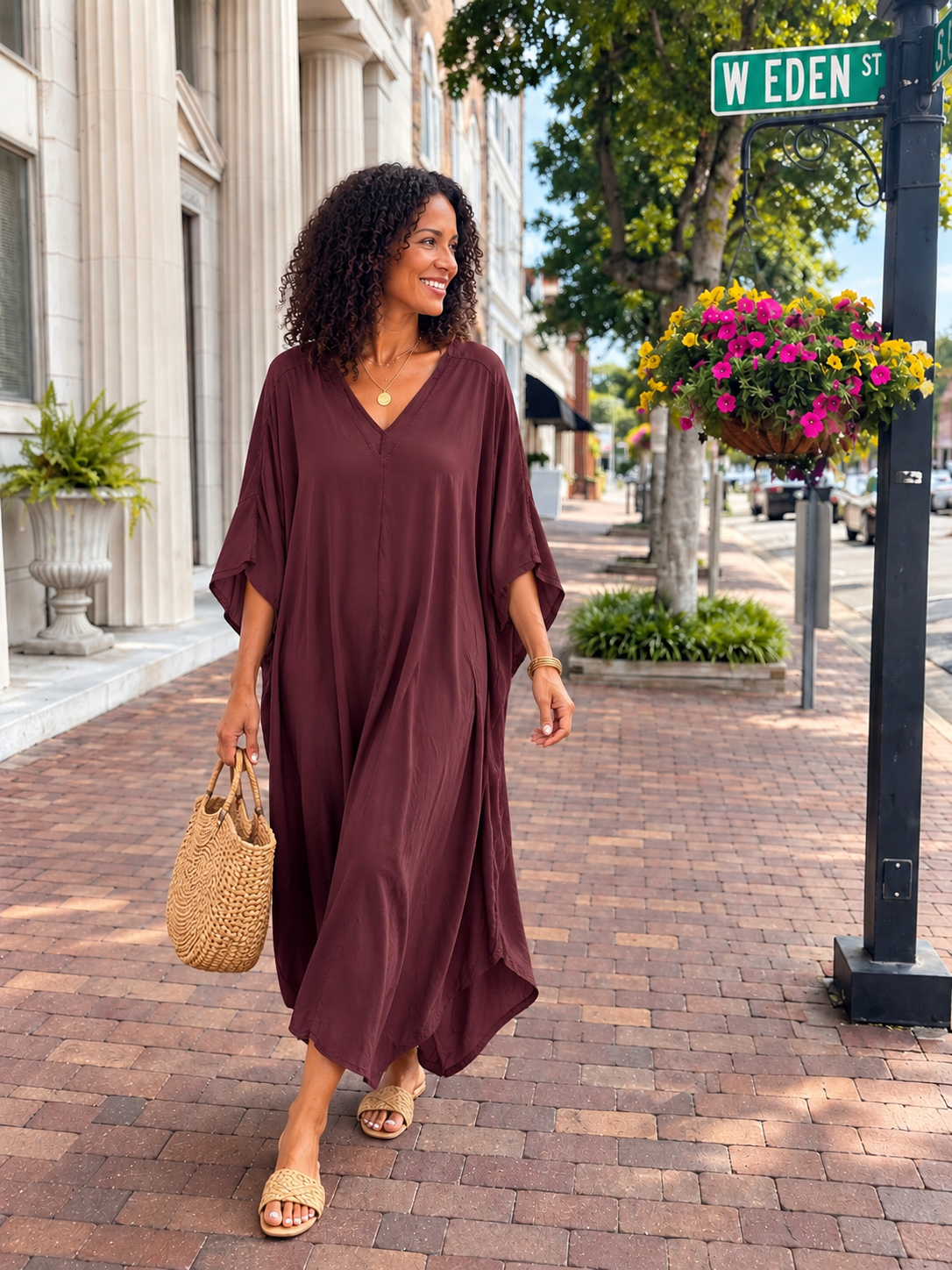 V-Neck LS Silky Viscose Maxi Dress, Wine