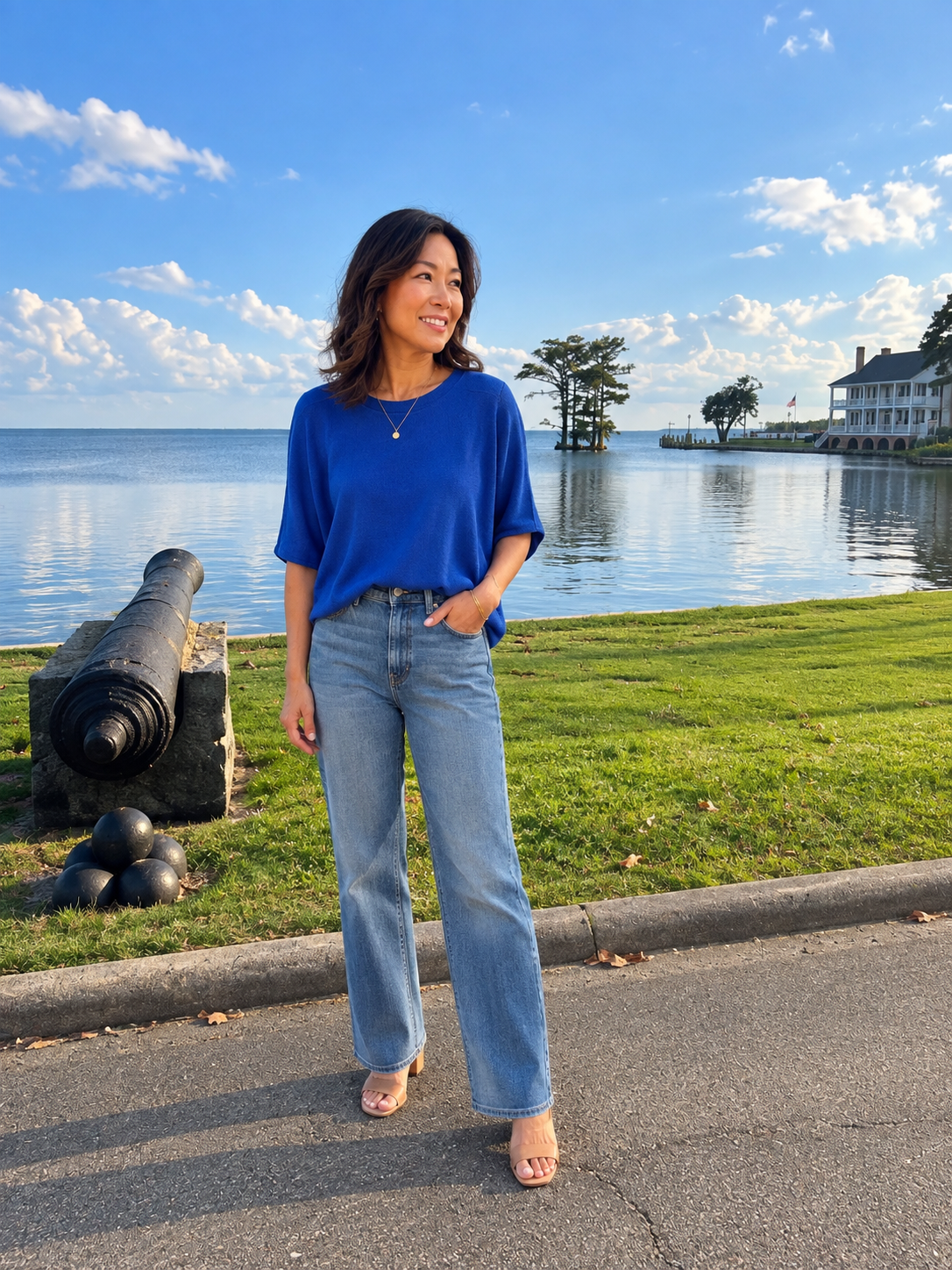 Crew Neck Batwing Sleeve Knit Top, Cobalt Blue