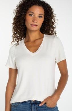 Short Sleeve V-neck Knit Tee, French Cream