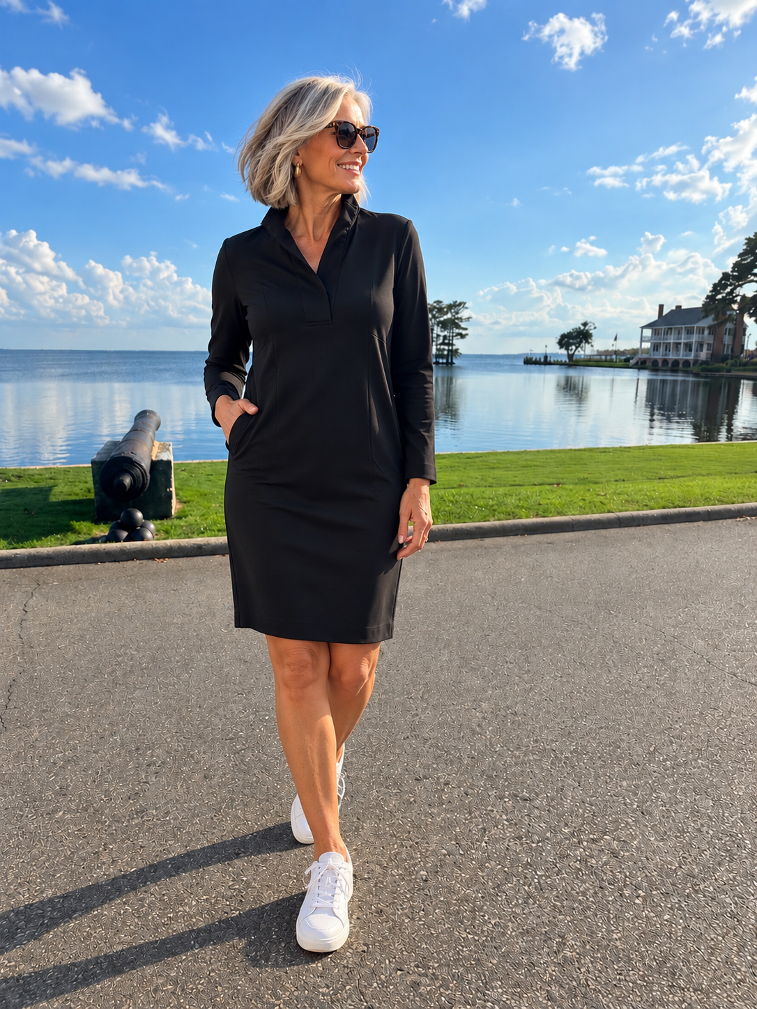 Tammy Knit Crepe Long Sleeve Dress,BLK