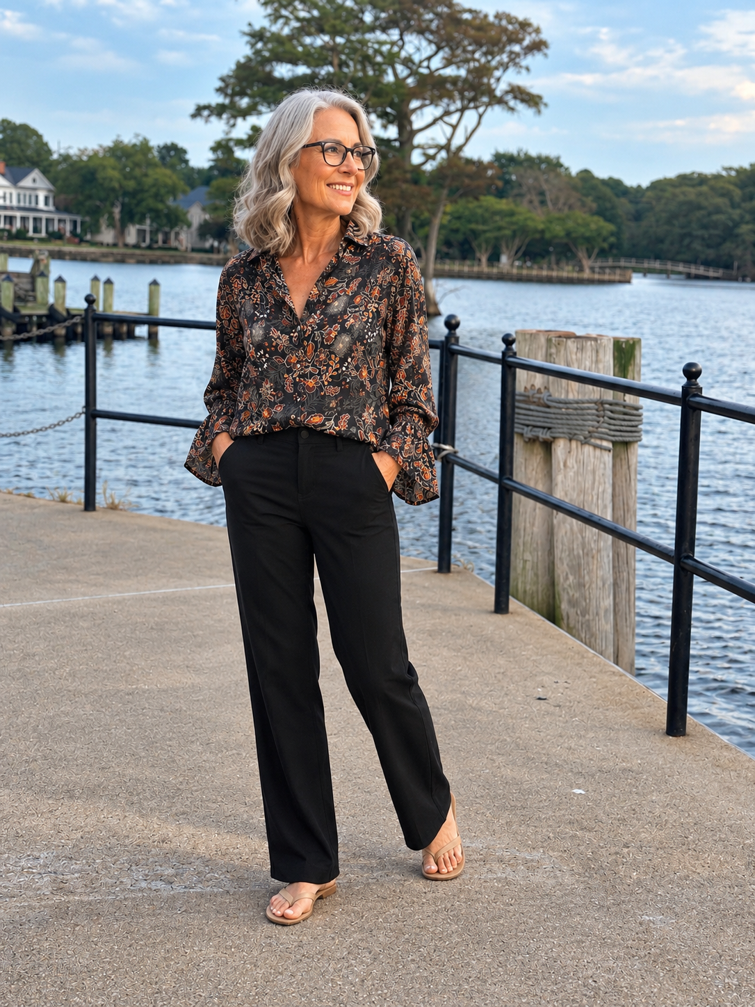 Long Sleeve Woven Blouse, Black Rust Multi