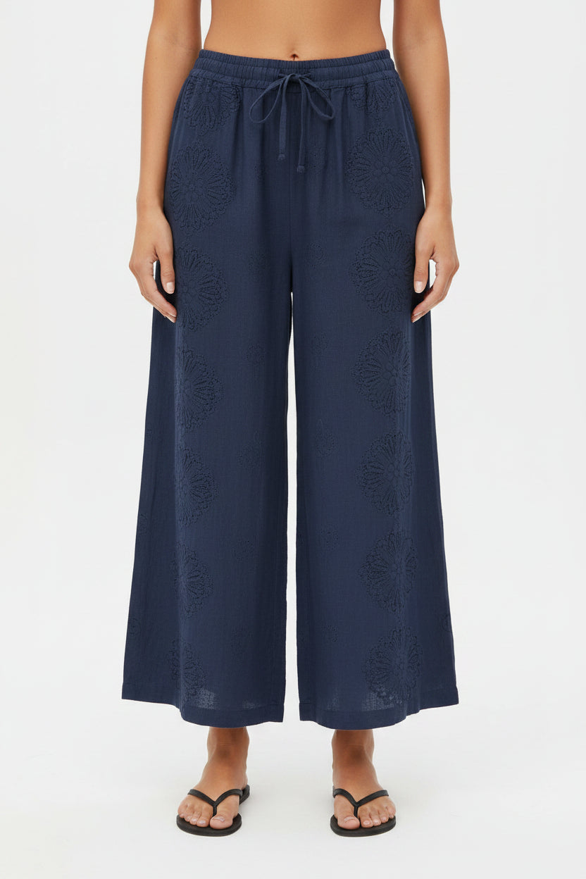 Wide Leg Eyelet Pants, Navy