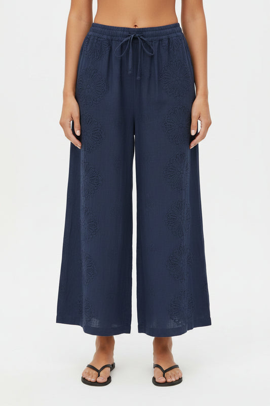 Wide Leg Eyelet Pants, Navy